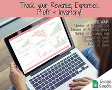 Load image into Gallery viewer, Small BUSINESS Tracker. Editable for your Business, Automated Profit Loss Income Expense, Product Inventory, Etsy Amazon eBay | Google Sheets
