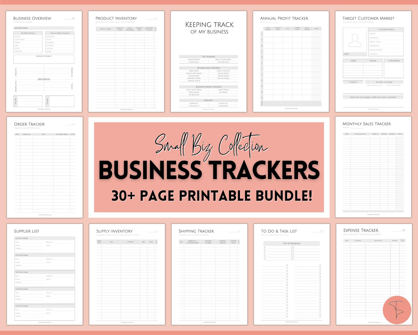 Small Business TRACKER BUNDLE, Order, Inventory, Income, Expenses, Profit, Sales, Etsy Shop, Reseller, Owner, Side Hustle Printable Planner | Mono