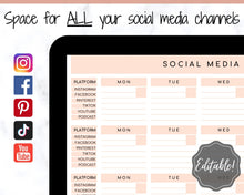 Load image into Gallery viewer, Social Media Planner Printable. Content Creation Calendar. Instagram Planner, YouTube Video, Facebook, Pinterest. Marketing Planner Tracker
