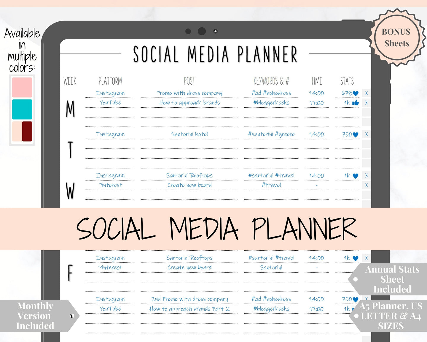Social Media Planner Printable. Tracker for Instagram, YouTube, Facebook, Pinterest, Blog. Content, Business & Marketing Planner, To Do List | Mono