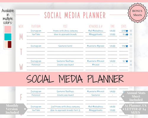 Social Media Planner Printable. Tracker for Instagram, YouTube, Facebook, Pinterest, Blog. Content, Business & Marketing Planner, To Do List | Pink