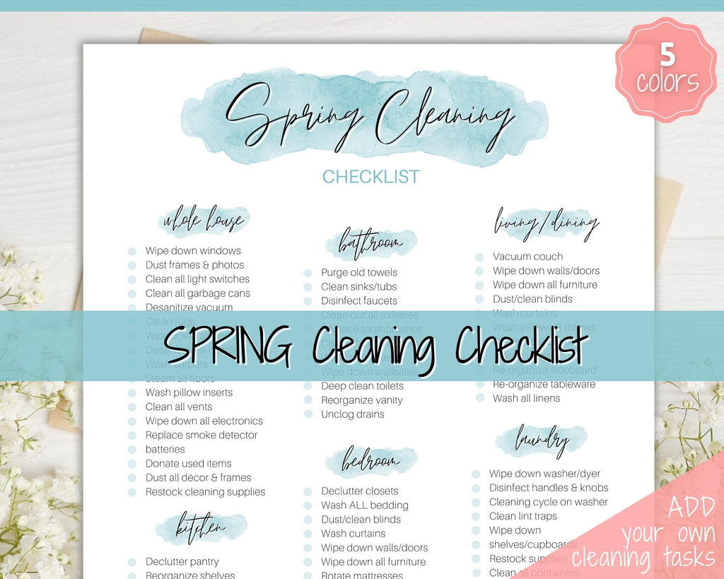 Spring Cleaning Checklist - Editable Schedule for Deep Clean | Blue