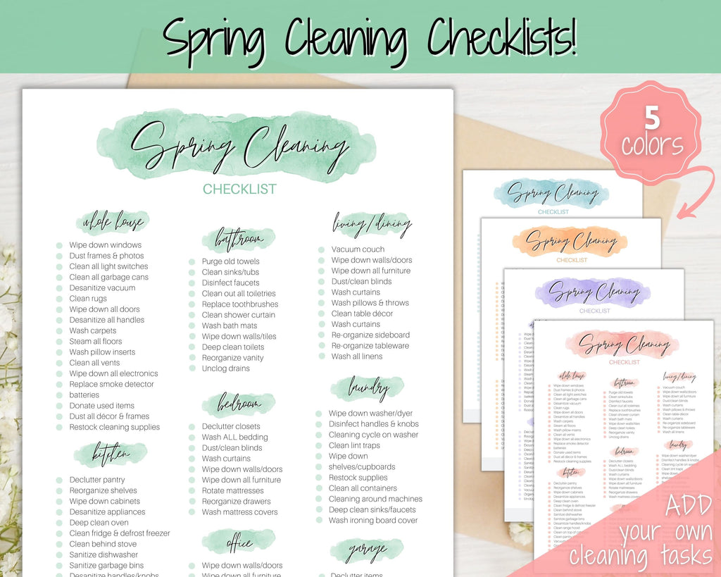 Spring Cleaning Checklist - Editable Schedule for Deep Clean | Green