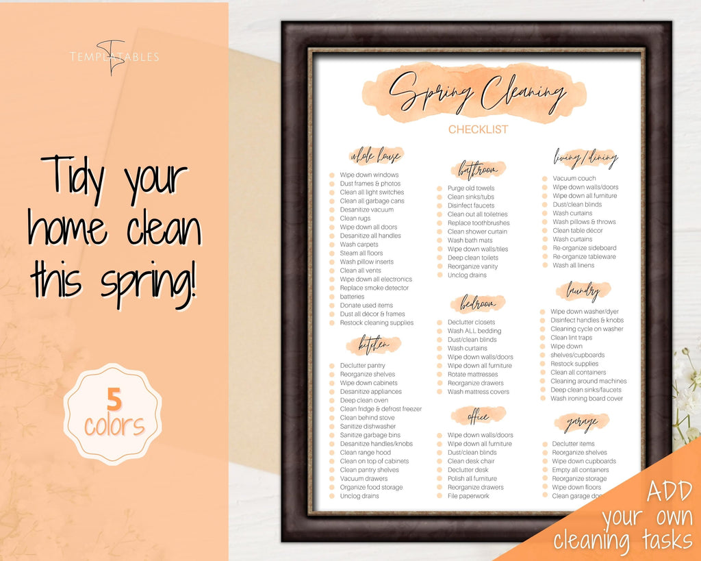 Spring Cleaning Checklist - Editable Schedule for Deep Clean | Orange