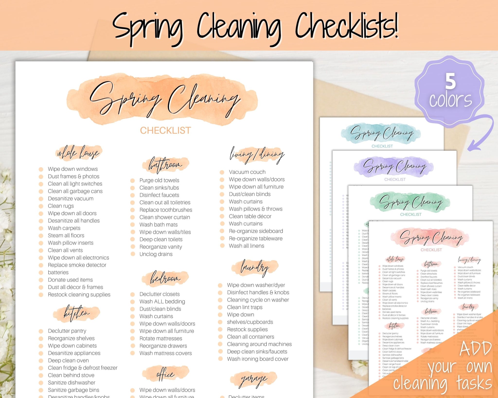 Spring Cleaning Checklist Editable Schedule for Deep Clean Orange