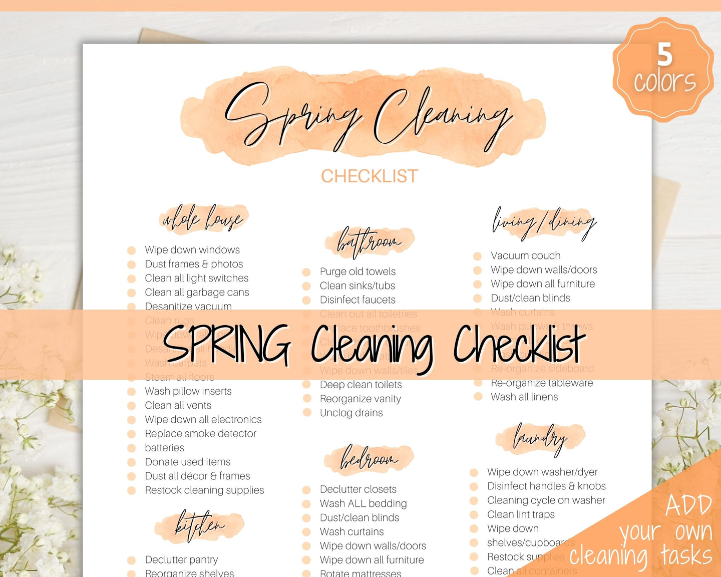 Spring Cleaning Checklist, Cleaning Schedule, Printable Cleaning Planner, Editable House Cleaning List, Deep Clean Home Routine Housekeeping | Orange