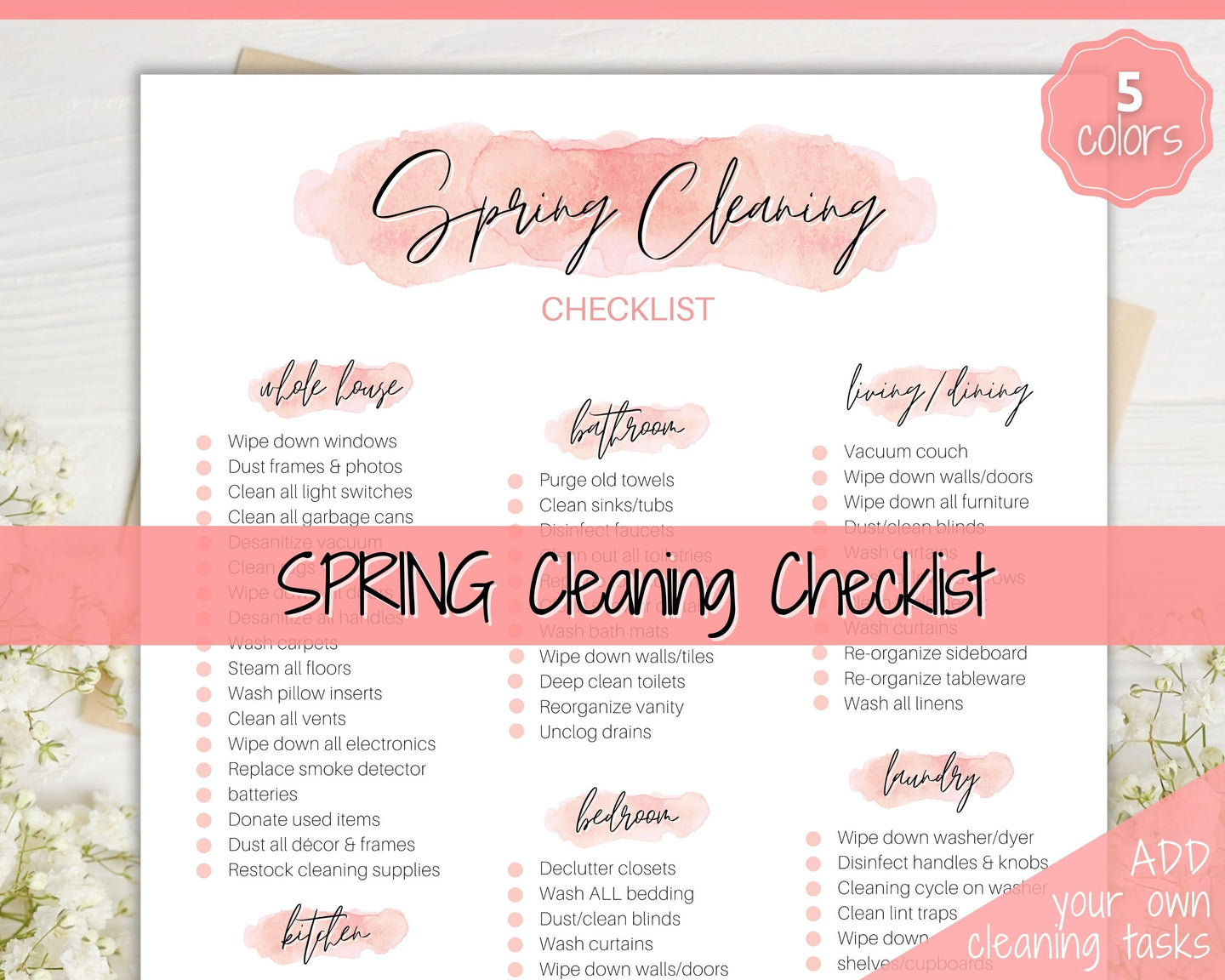 Spring Cleaning Checklist - Editable Schedule for Deep Clean | Pink