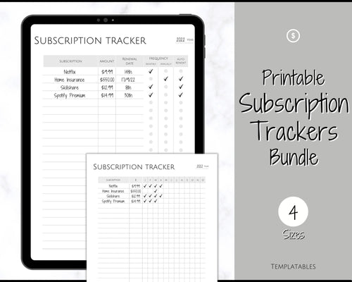 Subscription Tracker Printable, Expense Tracker, Budget Planner, Monthly Membership Log, Annual Bill Organizer, Finance, Planner Binder | Monochrome