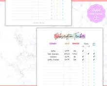 Load image into Gallery viewer, Subscription Tracker Printable, Expense Tracker, Budget Planner, Monthly Membership Log, Annual Bill Organizer, Finance, Planner Binder | Pastel Rainbow

