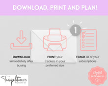 Load image into Gallery viewer, Subscription Tracker Printable, Expense Tracker, Budget Planner, Monthly Membership Log, Annual Bill Organizer, Finance, Planner Binder | Pastel Rainbow
