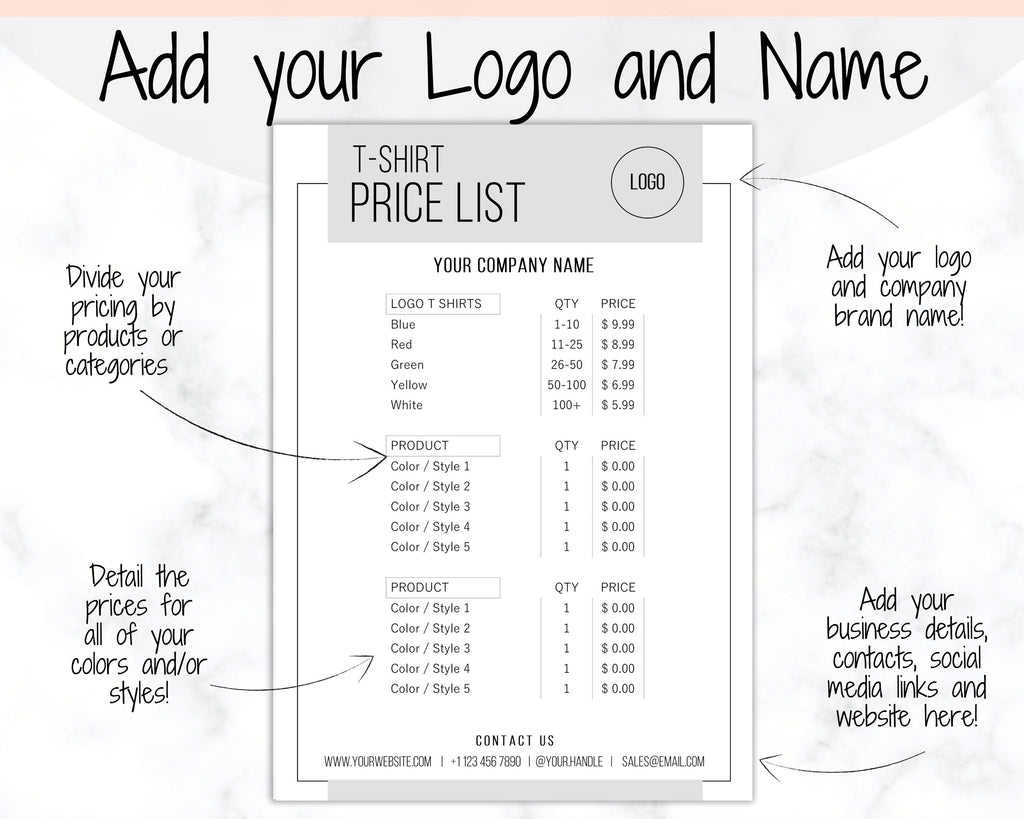 Tshirt PRICE LIST Template | Editable Price Guide - Mono