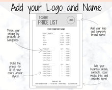 Load image into Gallery viewer, Tshirt PRICE LIST Template Editable. Printable Price Sheet, Price Guide, T-shirt, T SHIRT, Beauty, Screen printing, Custom Menu, Pricing | Mono
