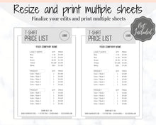 Load image into Gallery viewer, Tshirt PRICE LIST Template Editable. Printable Price Sheet, Price Guide, T-shirt, T SHIRT, Beauty, Screen printing, Custom Menu, Pricing | Mono

