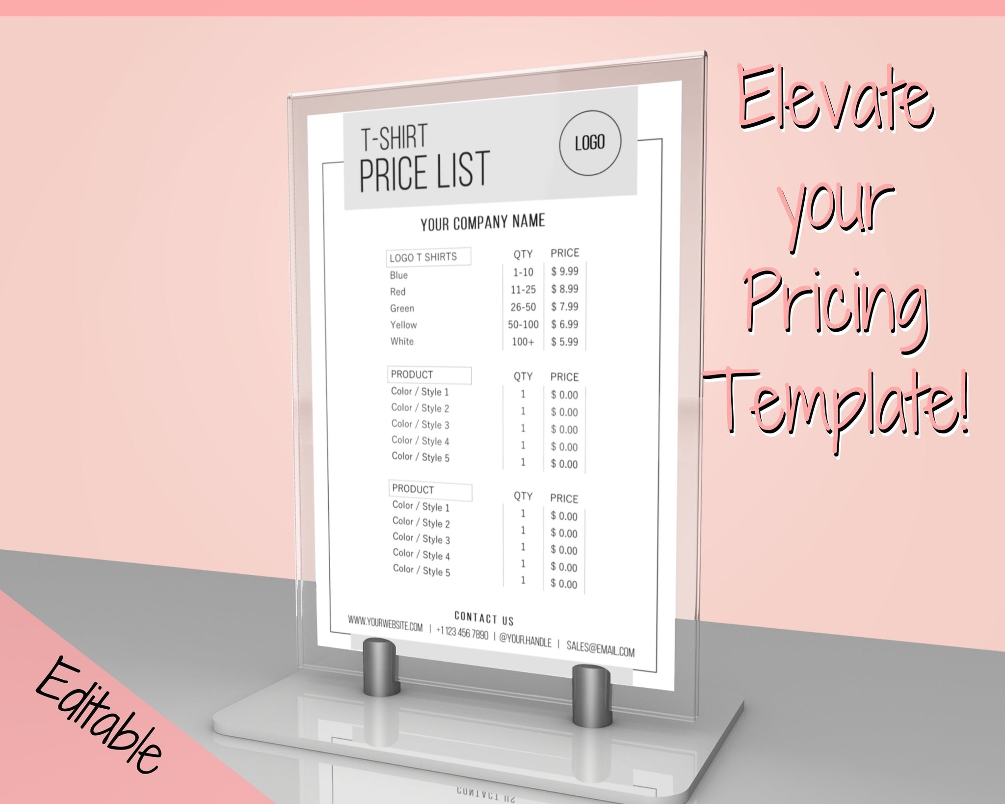 Tshirt PRICE LIST Template Editable | Printable Price Sheet & Price Guide |  Mono