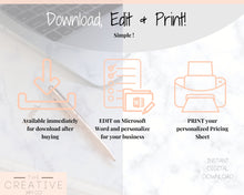 Load image into Gallery viewer, Tshirt PRICE LIST Template Editable. Printable Price Sheet, Price Guide, T-shirt, T SHIRT, Beauty, Screen printing, Custom Menu, Pricing | Mono
