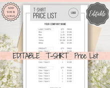 Load image into Gallery viewer, Tshirt PRICE LIST Template Editable. Printable Price Sheet, Price Guide, T-shirt, T SHIRT, Beauty, Screen printing, Custom Menu, Pricing | Mono
