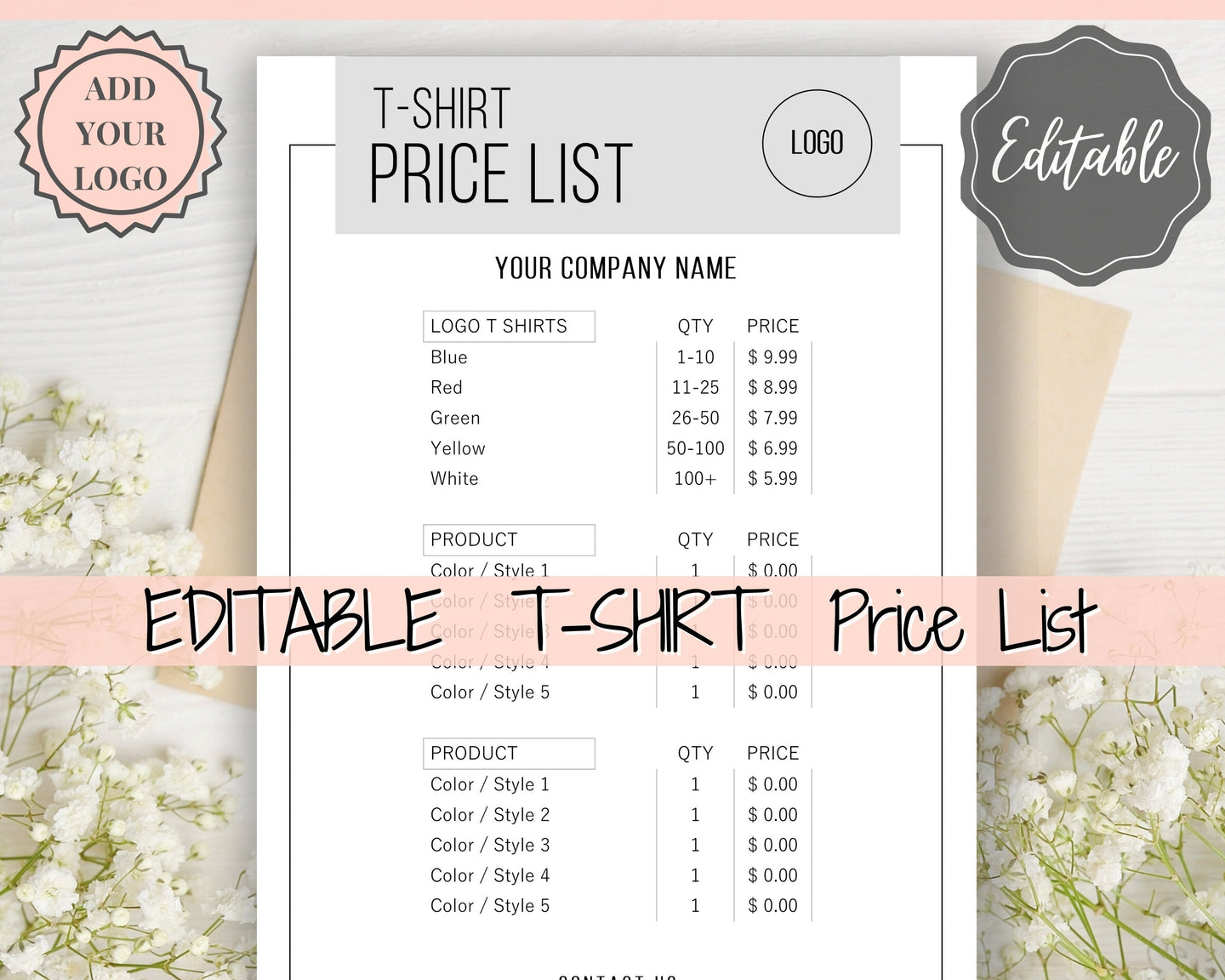Tshirt PRICE LIST Template Editable. Printable Price Sheet, Price Guide, T-shirt, T SHIRT, Beauty, Screen printing, Custom Menu, Pricing | Mono