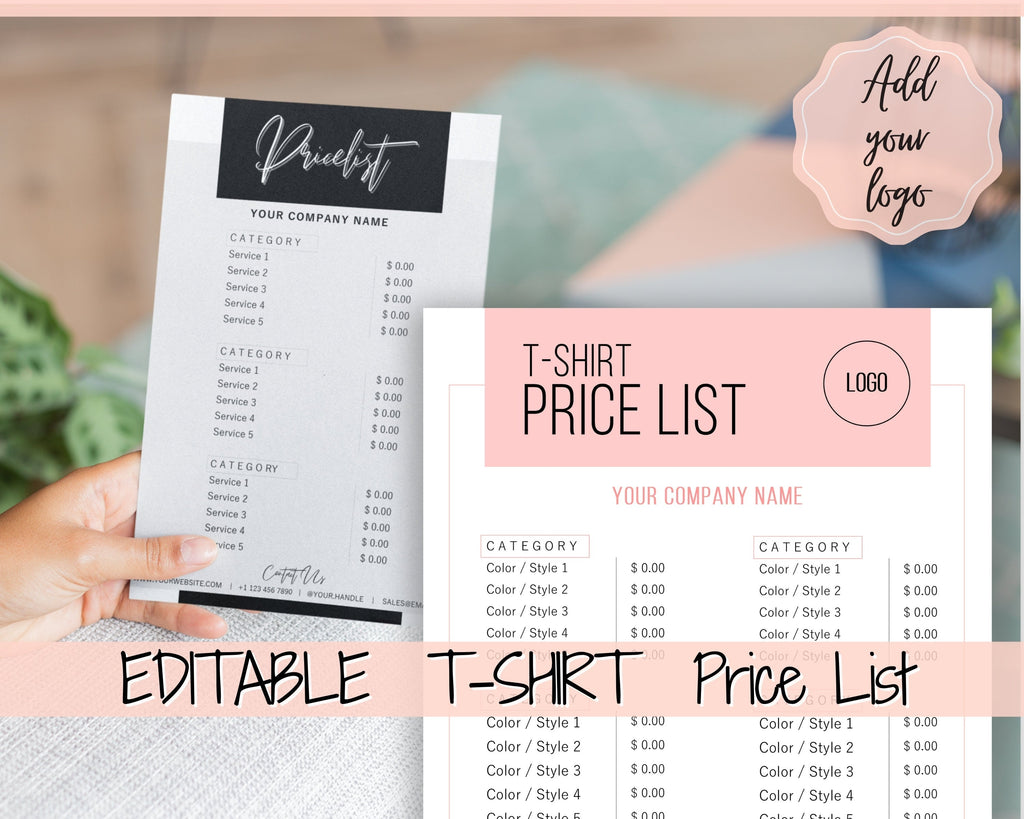 Tshirt PRICE LIST Template | Editable Price Guide - Pink