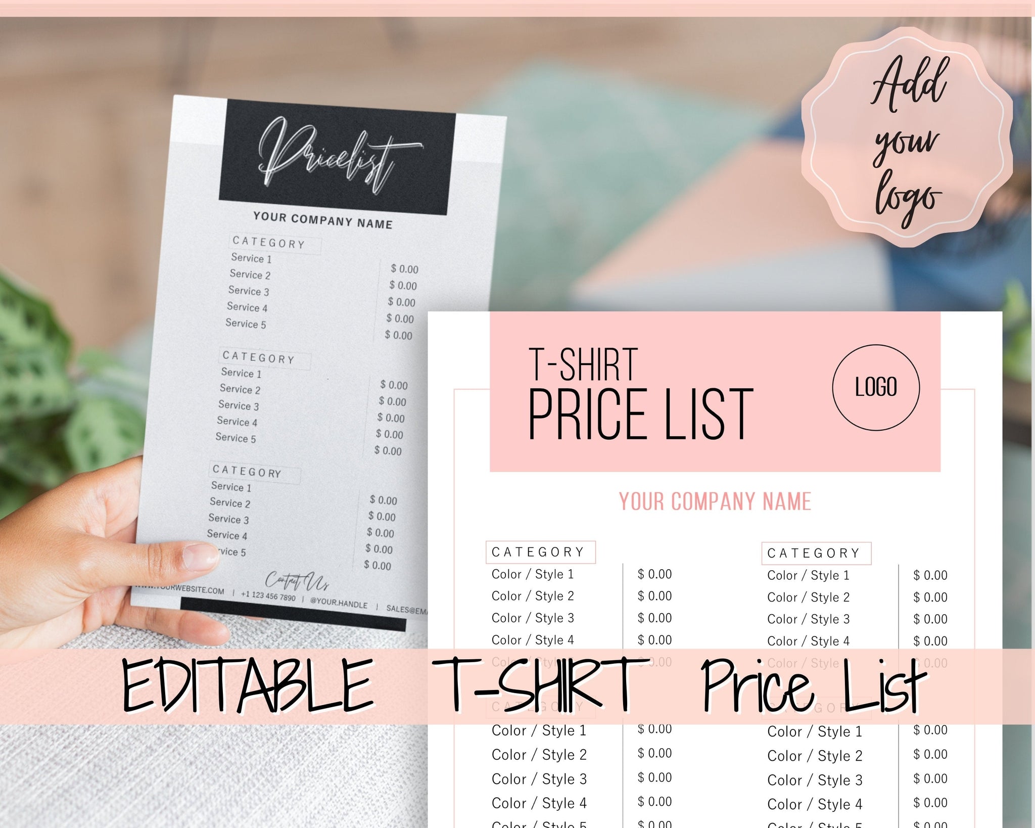 Tshirt PRICE LIST Template Editable | Printable Price Sheet & Price Guide |  Mono