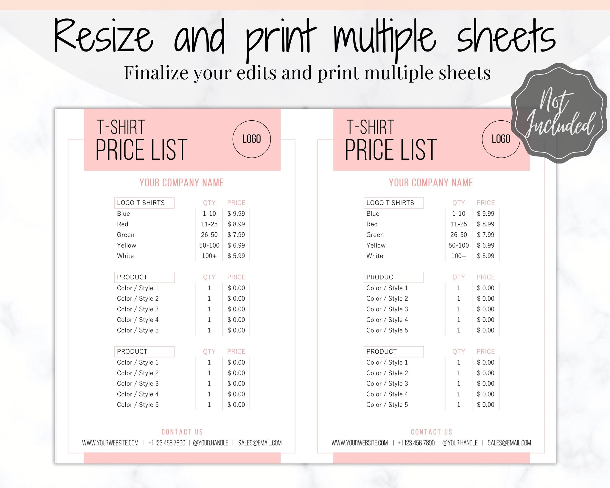 Tshirt PRICE LIST Template Editable Price Guide Pink