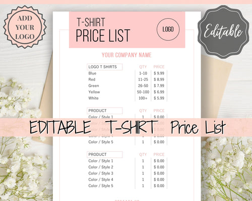 Tshirt PRICE LIST Template Editable. Printable Price Sheet, Price Guide, T-shirt, T SHIRT, Beauty, Screen printing, Custom Menu, Pricing | Pink