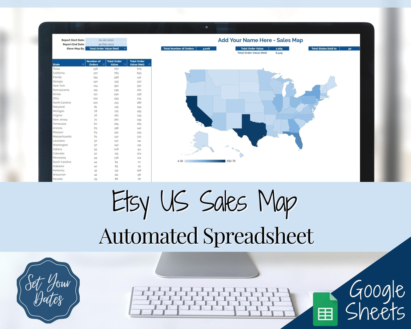 US Sales Map Tracker, Etsy Seller Order Tracker, Small Business, US State Sales Map, Google Sheets Spreadsheet, Postcode | Blue