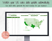 Load image into Gallery viewer, US Sales Map Tracker, Etsy Seller Order Tracker, Small Business, US State Sales Map, Google Sheets Spreadsheet, Postcode | Green
