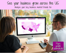 Load image into Gallery viewer, US Sales Map Tracker, Etsy Seller Order Tracker, Small Business, US State Sales Map, Google Sheets Spreadsheet, Postcode | Purple

