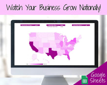 Load image into Gallery viewer, US Sales Map Tracker, Etsy Seller Order Tracker, Small Business, US State Sales Map, Google Sheets Spreadsheet, Postcode | Purple
