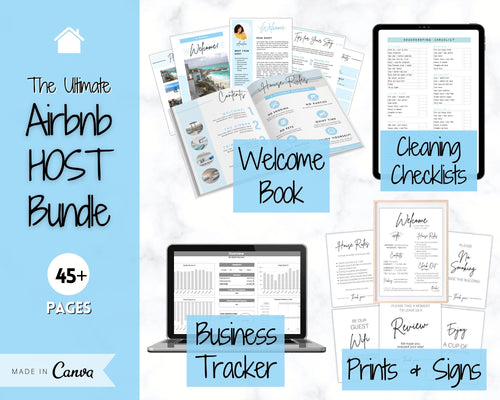 Ultimate Airbnb Host BUNDLE! Editable Airbnb Signs, Welcome Book Template, Cleaning checklist, Business Tracker Spreadsheet, Air bnb Signage | Blue
