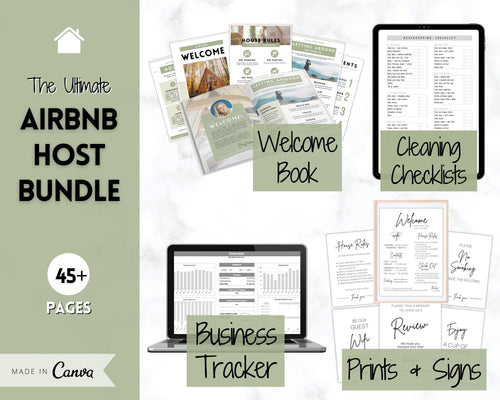 Ultimate Airbnb Host BUNDLE! Editable Airbnb Signs, Welcome Book Template, Cleaning checklist, Business Tracker Spreadsheet, Air bnb Signage | Green