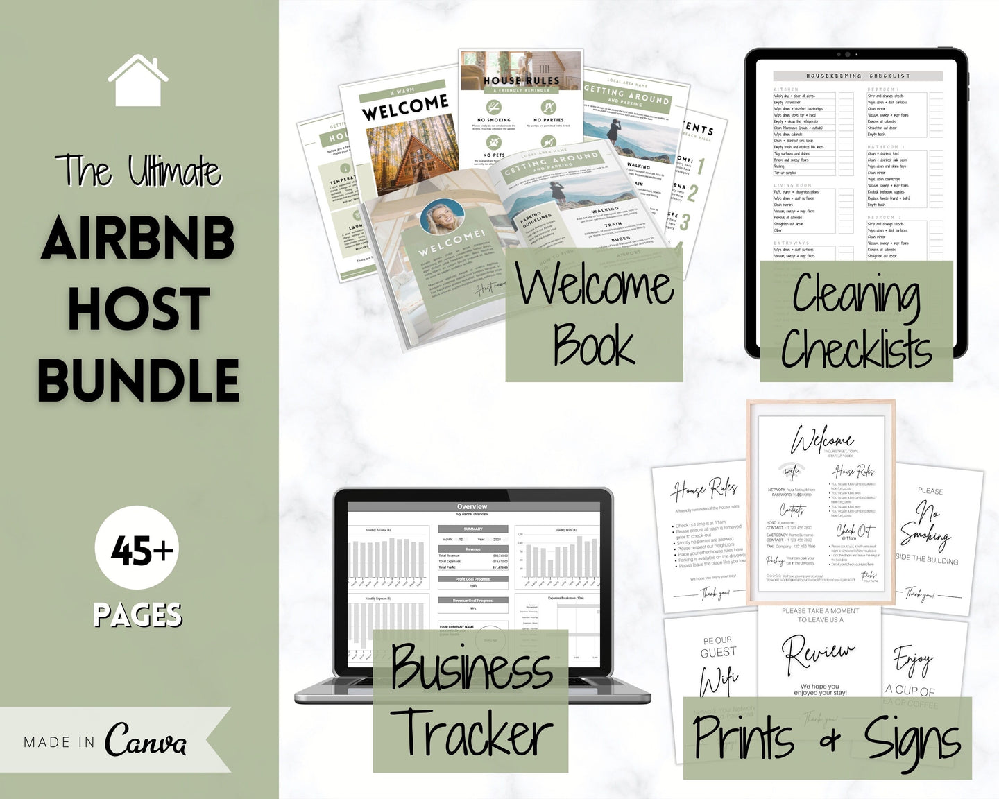 Ultimate Airbnb Host BUNDLE! Editable Airbnb Signs, Welcome Book Template, Cleaning checklist, Business Tracker Spreadsheet, Air bnb Signage | Green