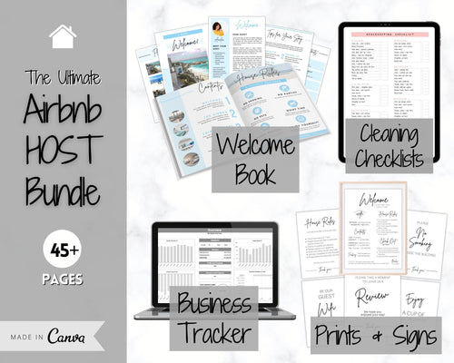 Ultimate Airbnb Host BUNDLE! Editable Airbnb Signs, Welcome Book Template, Cleaning checklist, Business Tracker Spreadsheet, Air bnb Signage | Grey