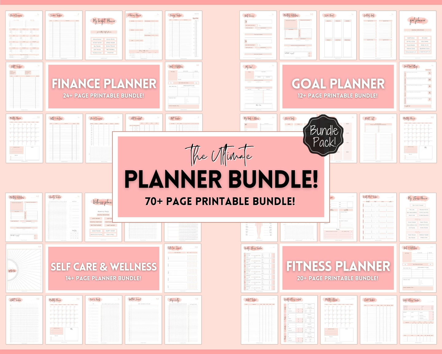 Ultimate PLANNER BUNDLE! Printable Goal Planner, Finances & Budget Planner, Fitness Planner, Self Care Journal, Life, Health | Pink Watercolor