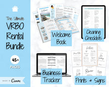 Load image into Gallery viewer, Ultimate VRBO Template BUNDLE! Editable Vacation Rental Sign, Welcome Book Template, Airbnb Cleaning checklist, Business Tracker Spreadsheet | Blue
