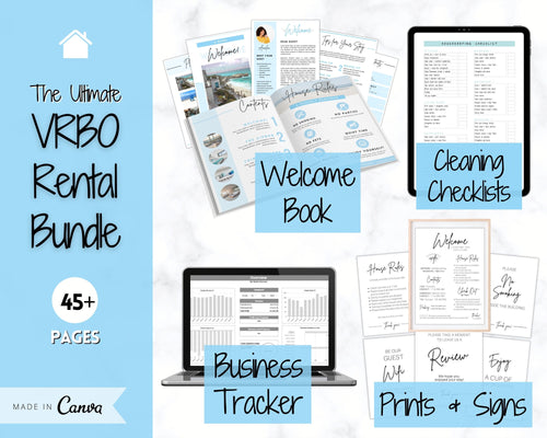 Ultimate VRBO Template BUNDLE! Editable Vacation Rental Sign, Welcome Book Template, Airbnb Cleaning checklist, Business Tracker Spreadsheet | Blue