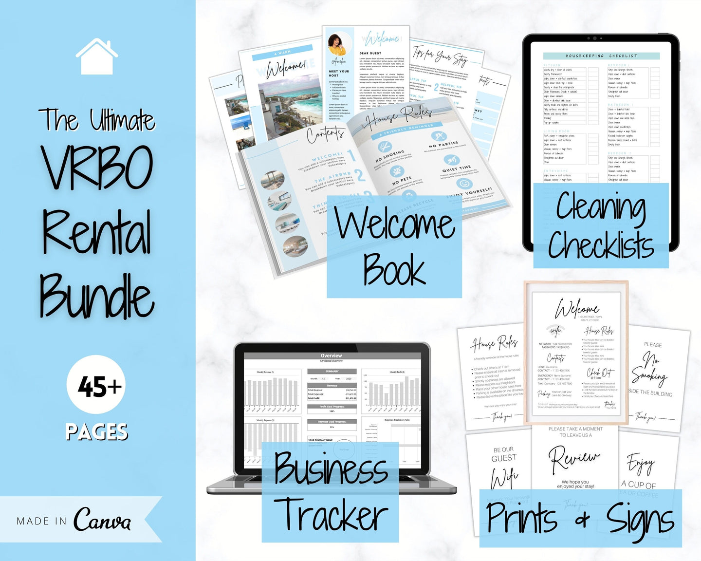 Ultimate VRBO Template BUNDLE! Editable Vacation Rental Sign, Welcome Book Template, Airbnb Cleaning checklist, Business Tracker Spreadsheet | Blue
