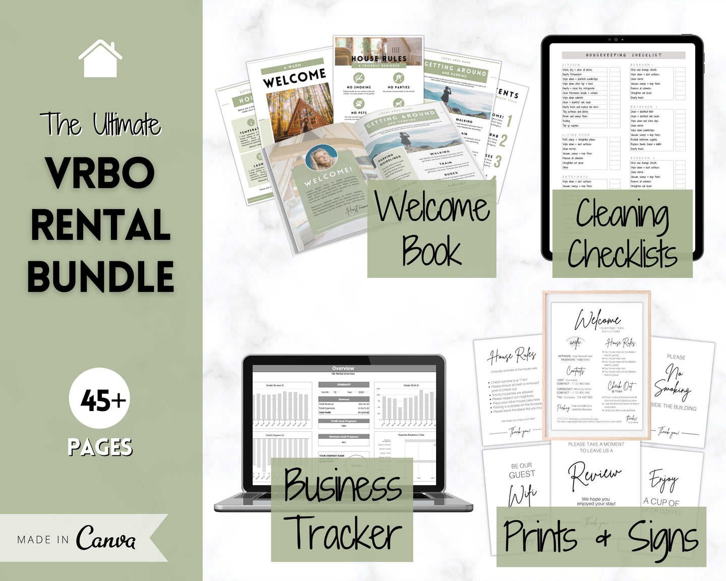 Ultimate VRBO Template BUNDLE! Editable Vacation Rental Sign, Welcome Book Template, Airbnb Cleaning checklist, Business Tracker Spreadsheet | Green
