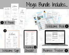 Load image into Gallery viewer, Ultimate VRBO Template BUNDLE! Editable Vacation Rental Sign, Welcome Book Template, Airbnb Cleaning checklist, Business Tracker Spreadsheet | Mono
