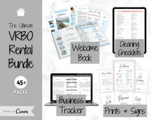 Load image into Gallery viewer, Ultimate VRBO Template BUNDLE! Editable Vacation Rental Sign, Welcome Book Template, Airbnb Cleaning checklist, Business Tracker Spreadsheet | Mono
