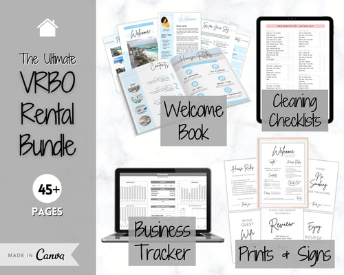 Ultimate VRBO Template BUNDLE! Editable Vacation Rental Sign, Welcome Book Template, Airbnb Cleaning checklist, Business Tracker Spreadsheet | Mono