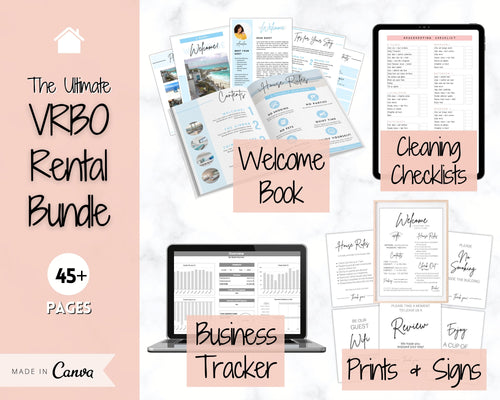 Ultimate VRBO Template BUNDLE! Editable Vacation Rental Sign, Welcome Book Template, Airbnb Cleaning checklist, Business Tracker Spreadsheet | Pink