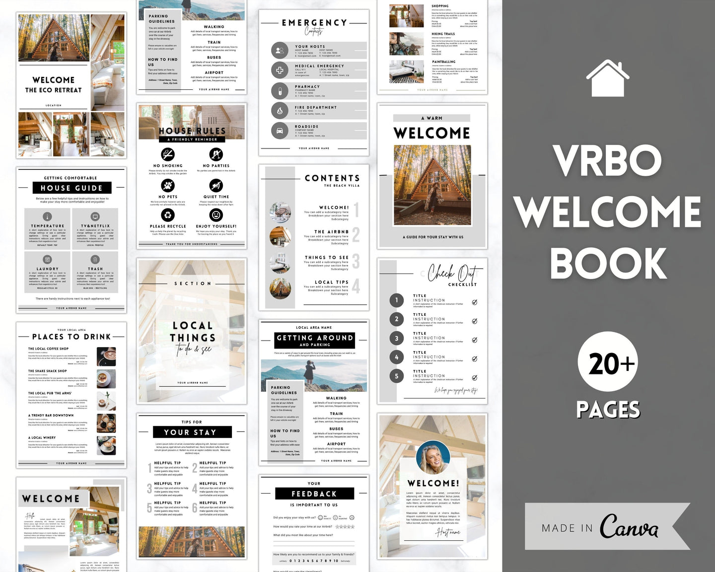 VRBO Welcome Book Template, Editable Canva Welcome Guide, Airbnb House manual, Superhost eBook, Host signs, Signage, Air bnb Vacation Rental | Mono