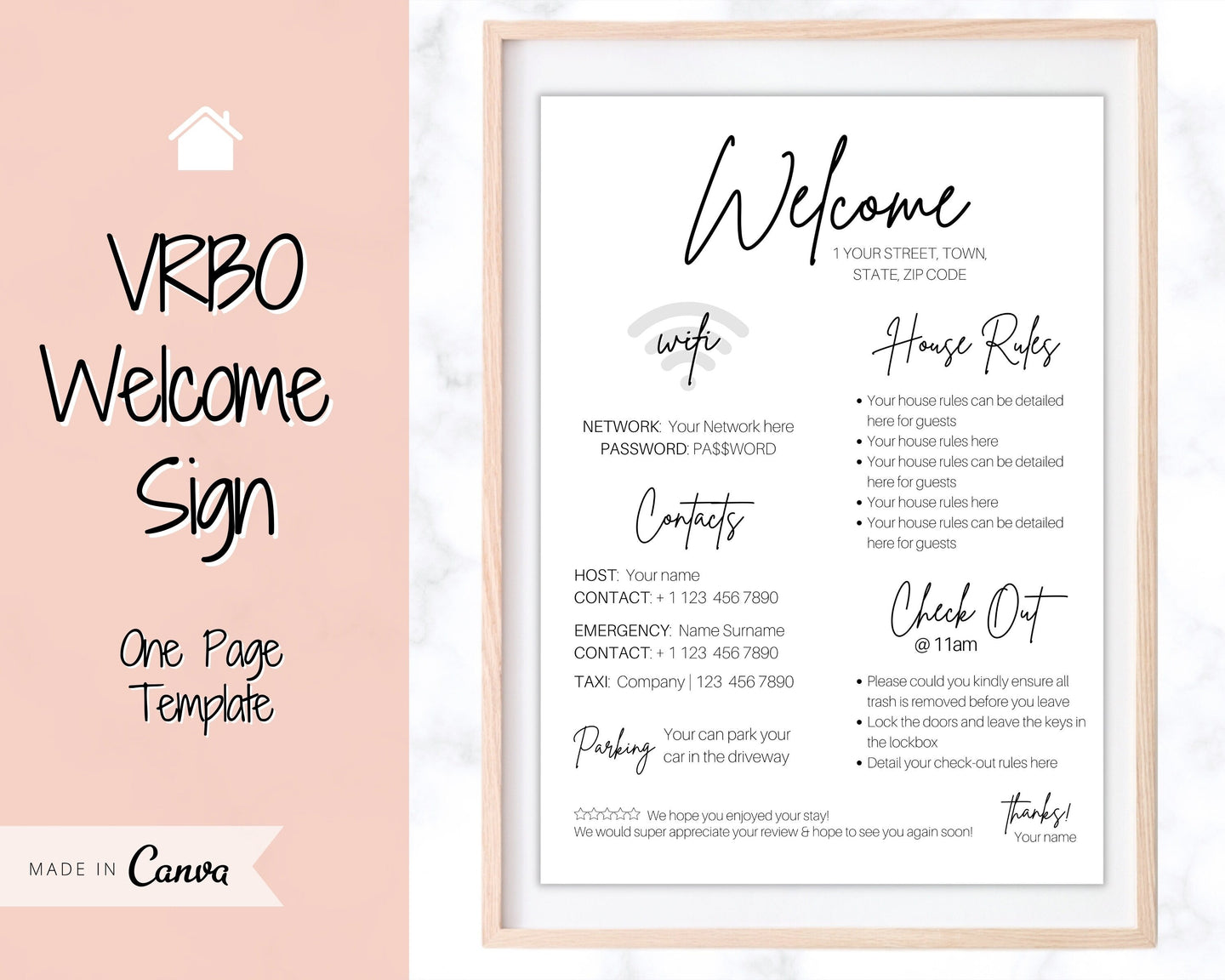 VRBO Welcome Sign Template, Wifi password Sign Printable, Airbnb Welcome Book, Host House Rules, Vacation Rental, Check Out, Air bnb Sign | Brit