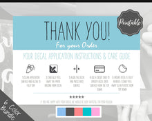 Load image into Gallery viewer, Vinyl Decal Thank You Business Card Instructions, BUNDLE Printable Decal Application Order Card, DIY Sticker Seller Packaging Label | Blue
