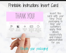 Load image into Gallery viewer, Vinyl Decal Thank You Business Card Instructions, BUNDLE Printable Decal Application Order Card, DIY Sticker Seller Packaging Label | Purple

