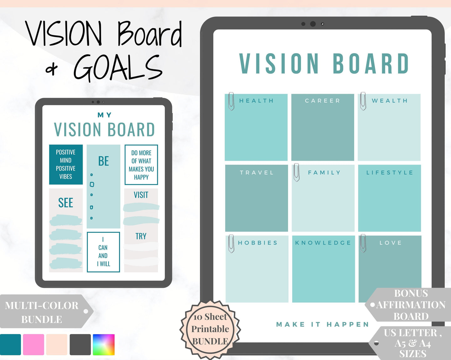 Vision Board Printables, Goal Planner Affirmation, Manifestation Law of Attraction Wall Art Poster, Digital Initiative Tracker, Positive Kit | Aqua