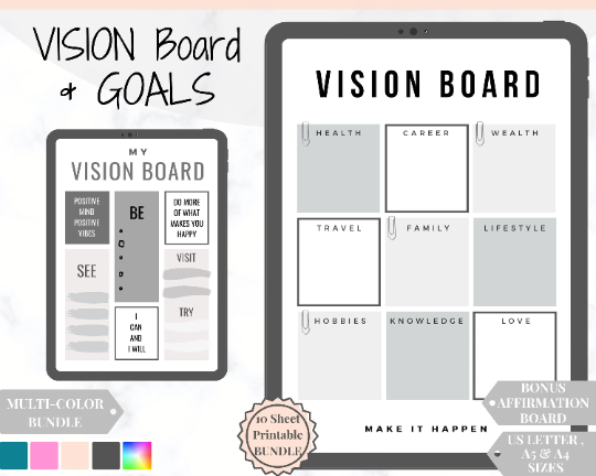 Vision Board Printables, Goal Planner Affirmation, Manifestation Law of Attraction Wall Art Poster, Digital Initiative Tracker, Positive Kit | Mono