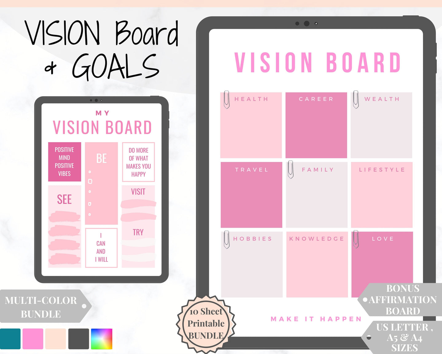 Vision Board Printables, Goal Planner Affirmation, Manifestation Law of Attraction Wall Art Poster, Digital Initiative Tracker, Positive Kit | Pink