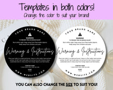 Load image into Gallery viewer, Wax Melt Warning Label Template, EDITABLE Care &amp; Fire Safety Instructions, Packaging Label, Round Circle Care Card, Candle Maker Seller

